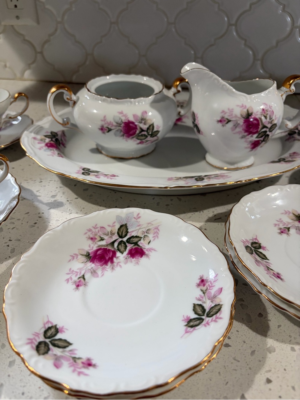 Cream Porcelain Creamer & Sugar Bowl Set with Pink Rose Motif - Picture 3 of 6